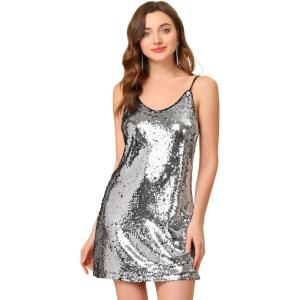 imageAllegra K Womens Glitter Sequin Dress Spaghetti Strap V Neck Party Cocktail Sparkly Mini Dress ClubwearSilver With Blacks