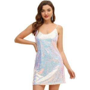 imageAllegra K Womens Glitter Sequin Dress Spaghetti Strap V Neck Party Cocktail Sparkly Mini Dress ClubwearWhite Blue