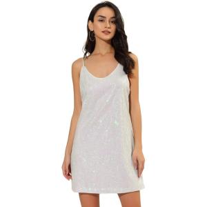 imageAllegra K Womens Glitter Sequin Dress Spaghetti Strap V Neck Party Cocktail Sparkly Mini Dress ClubwearWhite With Pinks