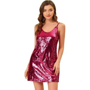 imageAllegra K Womens Glitter Sequin Dress Spaghetti Strap V Neck Party Cocktail Sparkly Mini Dress ClubwearWine Red