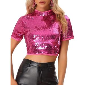 imageAllegra K Womens Sequin Crop Top Sparkle Glitter Short Sleeve Shinning T Shirt Club BlouseRose Red