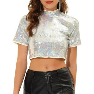 imageAllegra K Womens Sequin Crop Top Sparkle Glitter Short Sleeve Shinning T Shirt Club BlouseSilver