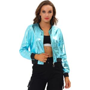 imageAllegra K Womens Sparkly Holographic Lightweight 90S Shiny Metallic Bomber JacketBlues