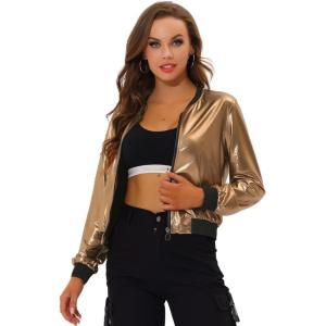 imageAllegra K Womens Sparkly Holographic Lightweight 90S Shiny Metallic Bomber JacketGolden Brown