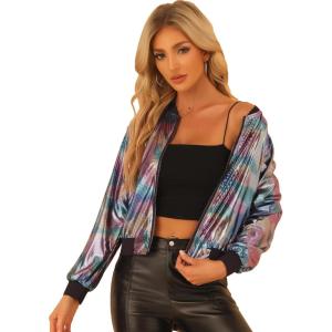 imageAllegra K Womens Sparkly Holographic Lightweight 90S Shiny Metallic Bomber JacketIridescent