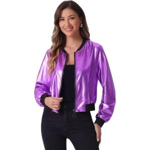 imageAllegra K Womens Sparkly Holographic Lightweight 90S Shiny Metallic Bomber JacketLight Purples