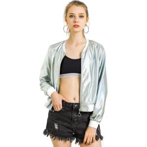 imageAllegra K Womens Sparkly Holographic Lightweight 90S Shiny Metallic Bomber JacketLight Silver