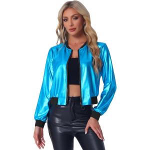 imageAllegra K Womens Sparkly Holographic Lightweight 90S Shiny Metallic Bomber JacketPeacock Blue