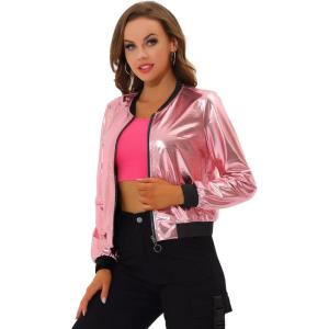 imageAllegra K Womens Sparkly Holographic Lightweight 90S Shiny Metallic Bomber JacketPinks