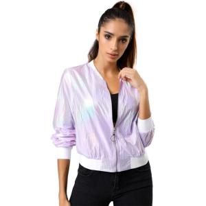 imageAllegra K Womens Sparkly Holographic Lightweight 90S Shiny Metallic Bomber JacketPurple