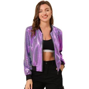 imageAllegra K Womens Sparkly Holographic Lightweight 90S Shiny Metallic Bomber JacketPurple1