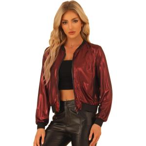 imageAllegra K Womens Sparkly Holographic Lightweight 90S Shiny Metallic Bomber JacketRed