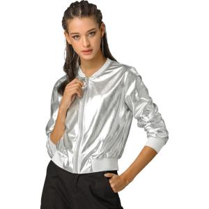 imageAllegra K Womens Sparkly Holographic Lightweight 90S Shiny Metallic Bomber JacketSilver