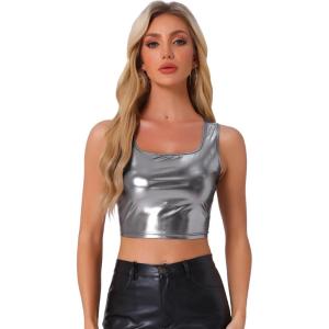 imageAllegra K Womens U Neck Sleeveless Party Clubwear Holographic Shiny Metallic Crop TopBlack Silver