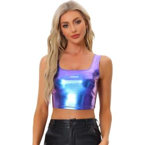 imageAllegra K Womens U Neck Sleeveless Party Clubwear Holographic Shiny Metallic Crop TopBlue Purple