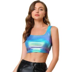 imageAllegra K Womens U Neck Sleeveless Party Clubwear Holographic Shiny Metallic Crop TopBlue Silver