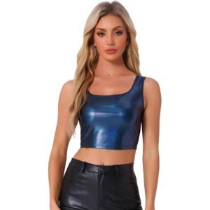 imageAllegra K Womens U Neck Sleeveless Party Clubwear Holographic Shiny Metallic Crop TopDark Blue