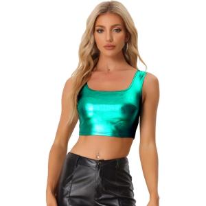 imageAllegra K Womens U Neck Sleeveless Party Clubwear Holographic Shiny Metallic Crop TopGreen