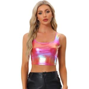 imageAllegra K Womens U Neck Sleeveless Party Clubwear Holographic Shiny Metallic Crop TopHolographic Red