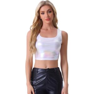 imageAllegra K Womens U Neck Sleeveless Party Clubwear Holographic Shiny Metallic Crop TopHolographic White