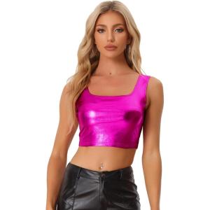 imageAllegra K Womens U Neck Sleeveless Party Clubwear Holographic Shiny Metallic Crop TopHot Pink