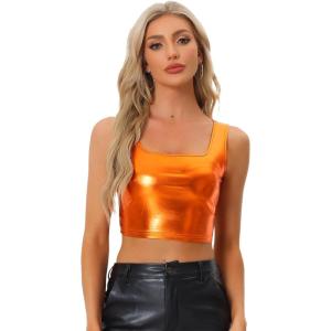 imageAllegra K Womens U Neck Sleeveless Party Clubwear Holographic Shiny Metallic Crop TopOrange