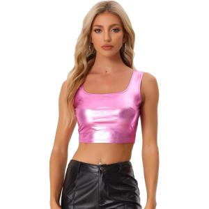 imageAllegra K Womens U Neck Sleeveless Party Clubwear Holographic Shiny Metallic Crop TopPink