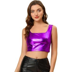 imageAllegra K Womens U Neck Sleeveless Party Clubwear Holographic Shiny Metallic Crop TopPurple