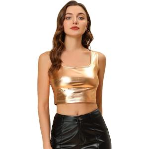 imageAllegra K Womens U Neck Sleeveless Party Clubwear Holographic Shiny Metallic Crop TopRose Gold