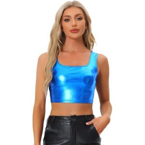 imageAllegra K Womens U Neck Sleeveless Party Clubwear Holographic Shiny Metallic Crop TopRoyal Blue