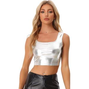 imageAllegra K Womens U Neck Sleeveless Party Clubwear Holographic Shiny Metallic Crop TopSilver