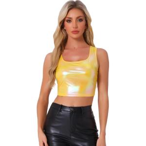 imageAllegra K Womens U Neck Sleeveless Party Clubwear Holographic Shiny Metallic Crop TopYellow