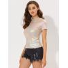 imageAllegra K Womens Halloween Shiny Glitter Shirt Holographic Party Disco Rainbow Metallic TopBeige