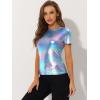 imageAllegra K Womens Halloween Shiny Glitter Shirt Holographic Party Disco Rainbow Metallic TopBlue