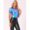 imageAllegra K Womens Halloween Shiny Glitter Shirt Holographic Party Disco Rainbow Metallic TopBlue Green