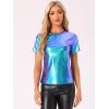 imageAllegra K Womens Halloween Shiny Glitter Shirt Holographic Party Disco Rainbow Metallic TopBlue Green