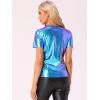 imageAllegra K Womens Halloween Shiny Glitter Shirt Holographic Party Disco Rainbow Metallic TopBlue Green