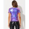 imageAllegra K Womens Halloween Shiny Glitter Shirt Holographic Party Disco Rainbow Metallic TopBlue Purple