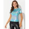 imageAllegra K Womens Halloween Shiny Glitter Shirt Holographic Party Disco Rainbow Metallic TopBlue Shiny