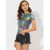 imageAllegra K Womens Halloween Shiny Glitter Shirt Holographic Party Disco Rainbow Metallic TopGreen