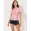 imageAllegra K Womens Halloween Shiny Glitter Shirt Holographic Party Disco Rainbow Metallic TopLight Pink