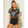 imageAllegra K Womens Halloween Shiny Glitter Shirt Holographic Party Disco Rainbow Metallic TopMulticolor