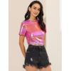 imageAllegra K Womens Halloween Shiny Glitter Shirt Holographic Party Disco Rainbow Metallic TopPink