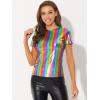 imageAllegra K Womens Halloween Shiny Glitter Shirt Holographic Party Disco Rainbow Metallic TopRainbow Color