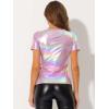 imageAllegra K Womens Halloween Shiny Glitter Shirt Holographic Party Disco Rainbow Metallic TopShiny Pink