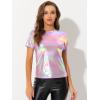 imageAllegra K Womens Halloween Shiny Glitter Shirt Holographic Party Disco Rainbow Metallic TopShiny Pink