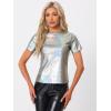 imageAllegra K Womens Halloween Shiny Glitter Shirt Holographic Party Disco Rainbow Metallic TopShiny Silver