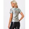 imageAllegra K Womens Halloween Shiny Glitter Shirt Holographic Party Disco Rainbow Metallic TopShiny Silver