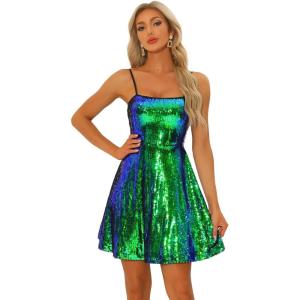 imageAllegra K Womens Glitter Sequin Dress Sexy Spaghetti Strap Sleeveless Mini Party Dress ClubwearGreen