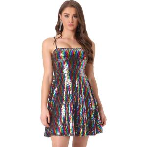 imageAllegra K Womens Glitter Sequin Dress Sexy Spaghetti Strap Sleeveless Mini Party Dress ClubwearRainbow